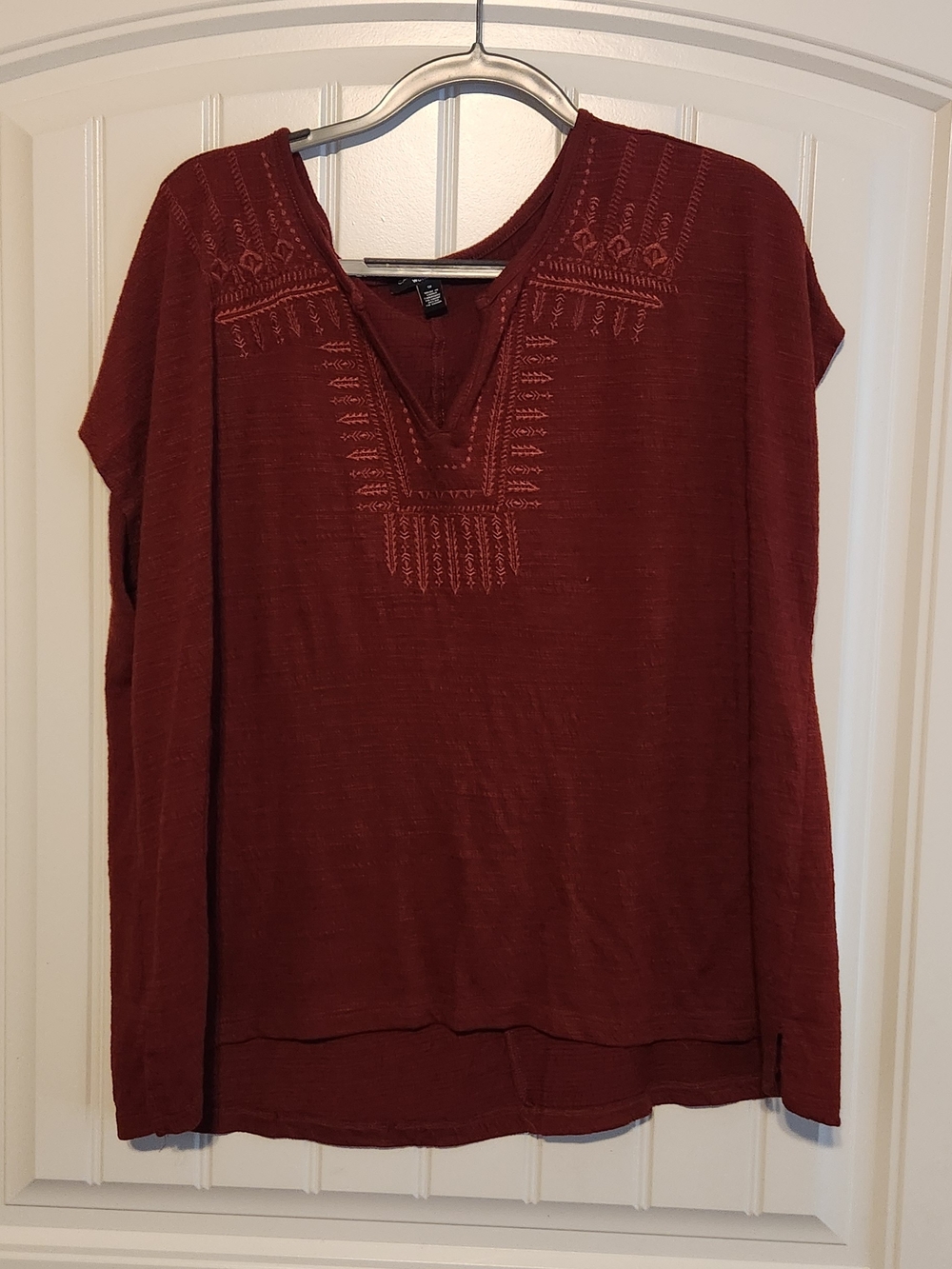 Burgundy Embroidered V-Neck Top
